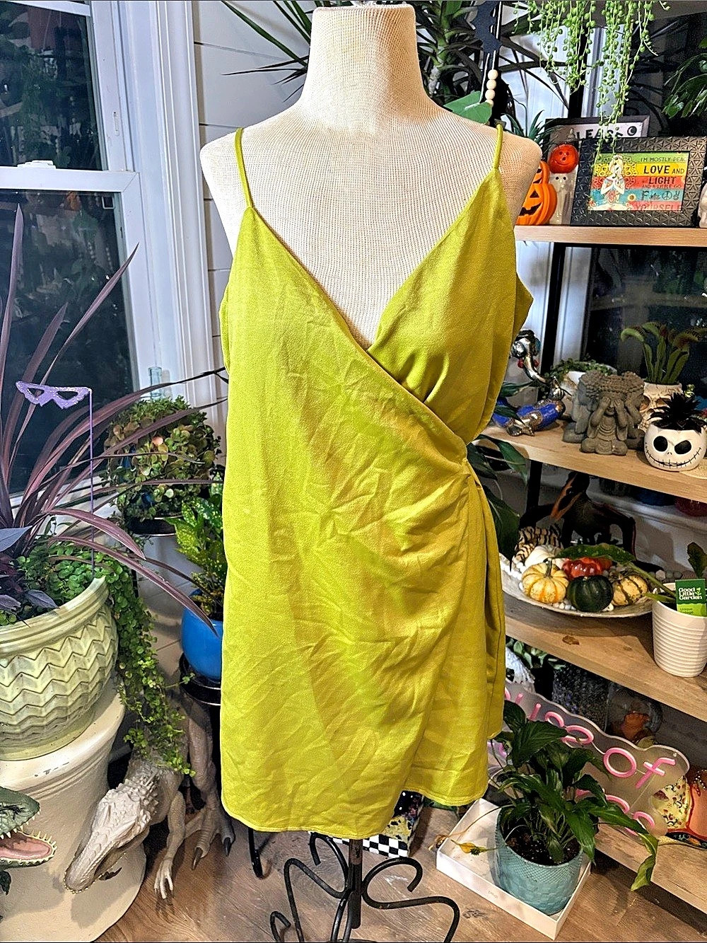 Lulus Vivid Vibes Lime Green Satin Ruched Wrap Mini Dress Large